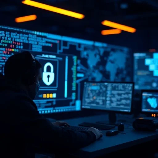 A sleek, futuristic portal or gateway formed by glowing, geometric shapes in deep blues and violets, leading into an unknown, secure digital space.
